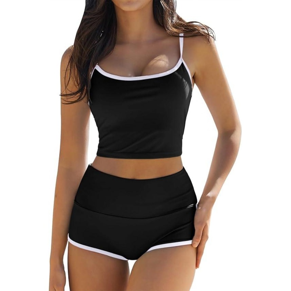 Qinsen Womens Black White Contrast Trim High Waisted Two Piece Swimsuit Size S